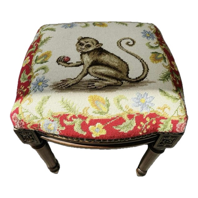 Vintage Louis XVI Style Stool With Needlepoint Monkey For Sale