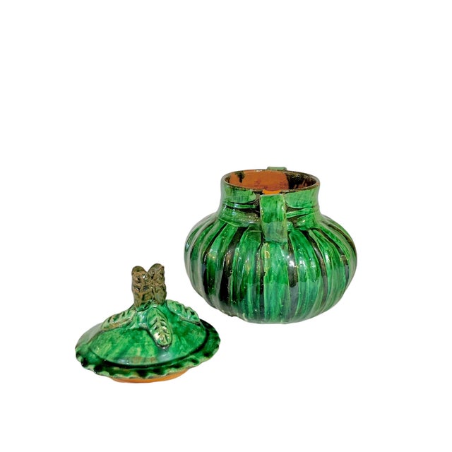 Ceramic Vintage French Provincial Glazed Green Terracotta 2 Handle Pot With Lid For Sale - Image 7 of 16