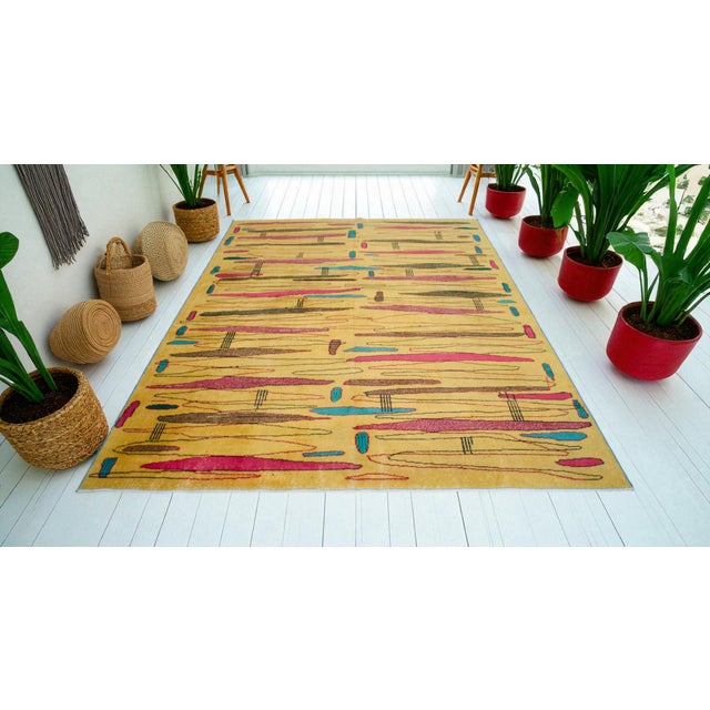 Contemporary 1980s Zeki Muren Turkish Art Deco Rug – Vintage Hand-Knotted Wool Area Carpet With Abstract Geometric Design 6′10″ × 9′7″ For Sale - Image 3 of 14