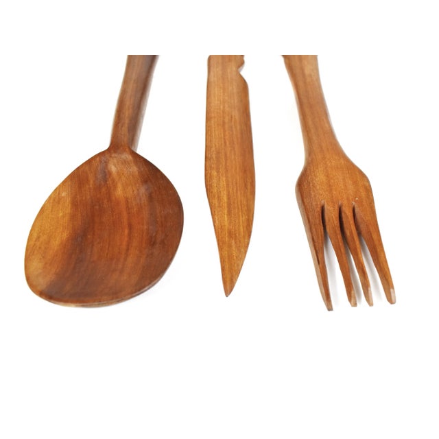 Mid 20th Century Vintage Hand Carved Solid Wood Salad Serving Utensils - Set of 3 For Sale - Image 6 of 10