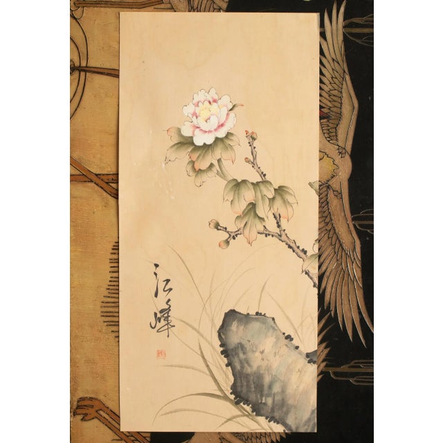 C. 1950s Vintage Chinese Watercolor Scroll Painting "Peonies" on Silk, Signed For Sale - Image 10 of 12