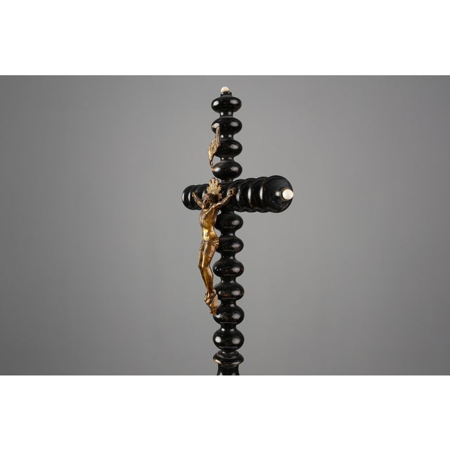 Wood Antique French Wood and Brass Crucifix, 1800s For Sale - Image 7 of 14
