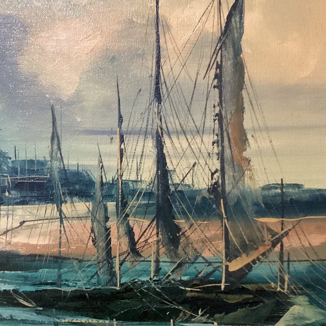 Blue Mid 20th Century Painting on Canvas Nautical Ship Harbor Scene Signed Framed For Sale - Image 8 of 12