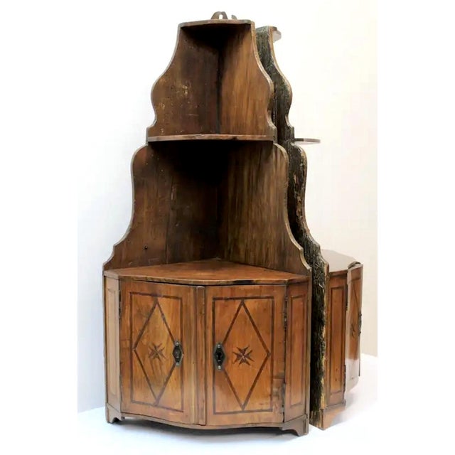Adorable European inlaid corner wood shelves. 19th century