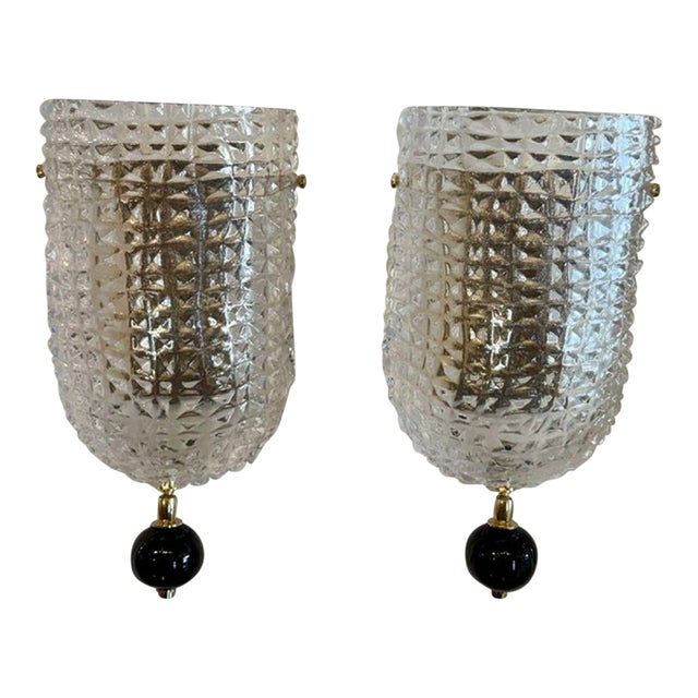 Pair of Murano Glass Black Ball Wall Sconces For Sale