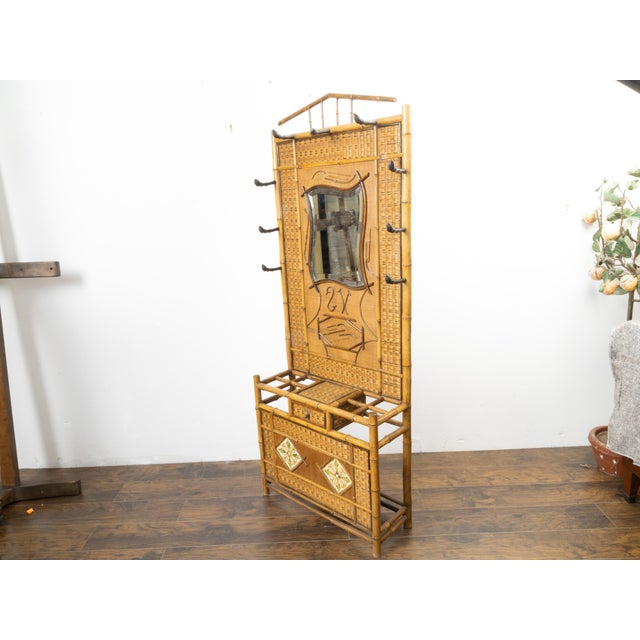 Wood English 1880s Freestanding Bamboo and Rattan Hat Rack with Mirror and Tiles For Sale - Image 7 of 10