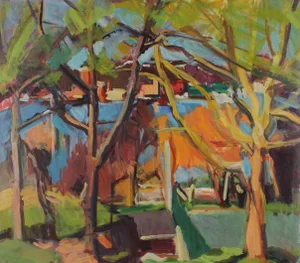20th Century "City Through the Trees" Landscape Oil Painting
