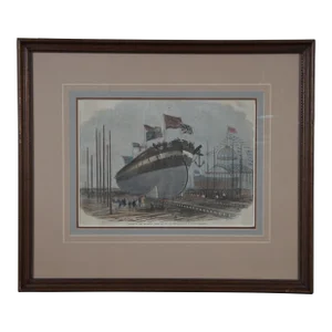 Edwin Wheedeon London News Launch of Her Majestys Steam Ship Engraving 22"
