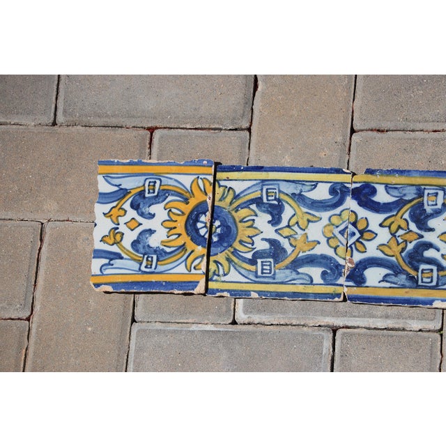 Baroque 17th Century Portuguese Floral Border Tiles Set of 10 Blue, Yellow & White Antique For Sale - Image 3 of 12