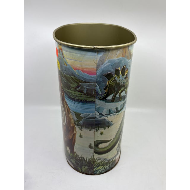 1980s Vintage Prehistoric Dinosaur / Mammoth Metal Wastebasket For Sale - Image 4 of 11