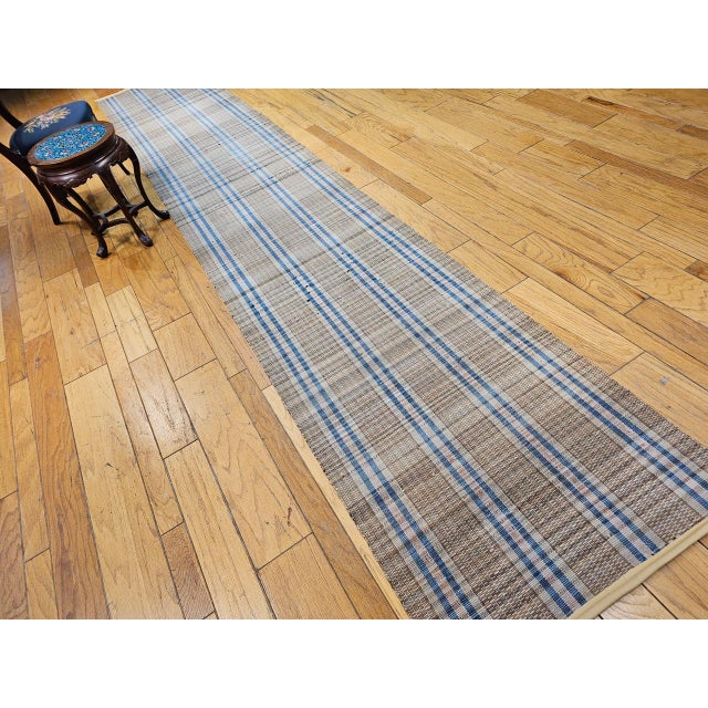 Textile Vintage American Rag Runner, Handwoven Wool & Cotton, Stripe Pattern, Tan & Blue, 3x16 For Sale - Image 7 of 15