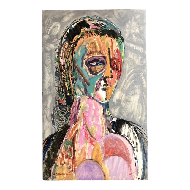 Original Vintage E.J.Hartmann Modernist Abstract Portrait Painting 1970’s Signed For Sale
