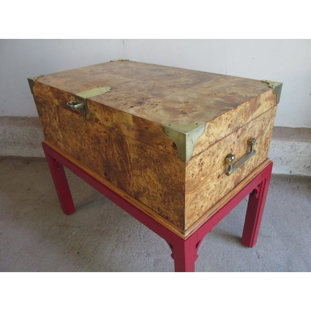 1970s Vintage English Style Hinged Top Burlwood Box on Stand For Sale - Image 5 of 15