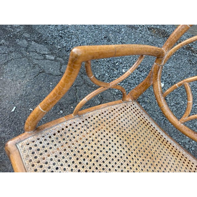 Brown Vintage McGuire Style Faux Bamboo Rattan Spider Web Design Cracked Ice Caned Seat Armchair For Sale - Image 8 of 17