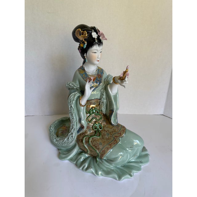 Ceramic Vintage Chinese Porcelain Seated Court Lady With Gilt Accents For Sale - Image 7 of 12