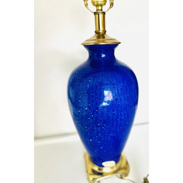 1990's Hand crafted , Hand Blown Lapis Color Glass Table Lamp with Leviton Hardware Company Brass fixtures in very good...