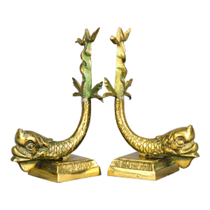 Antique Italian Bronze Dolphin Serpent Koi Fish Bookends Set of 2