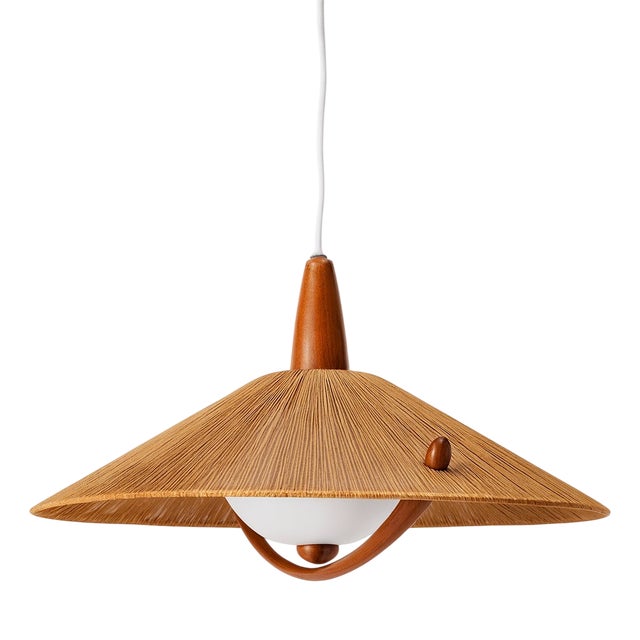 Elm and Sisal Cord Weave Hanging Lamp from Temde Leuchten,1960s For Sale