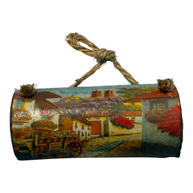 Miniature Hand-Painted Terracotta Roof Tile - Latin American Village Scene For Sale