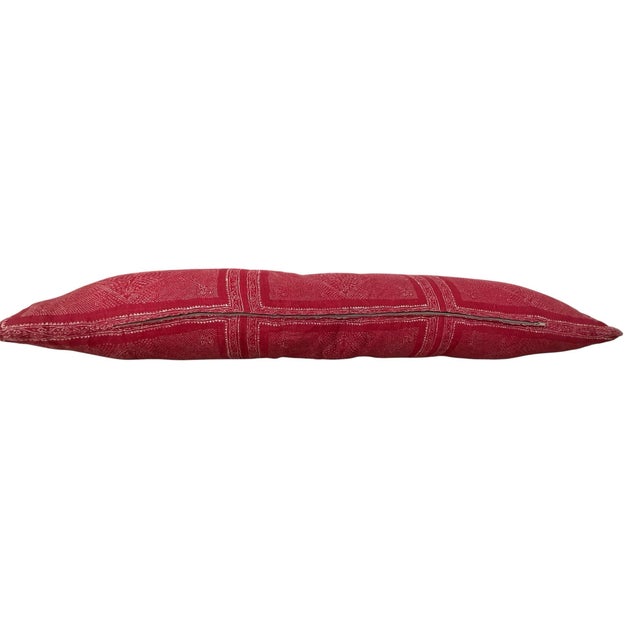 Custom 40 “ Red & White Linen Block Print Boho Linen Lumbar Pillow. Feather Down Insert For Sale - Image 4 of 5