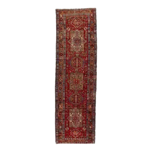 1960s Vintage Persian Heriz Red Handmade Medallion Wool Runner