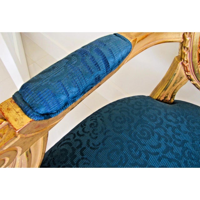 1940s French Louis XVI Style Fauteuil Chair Giltwood Frame Cane Oval Back Blue Fabric For Sale - Image 12 of 15