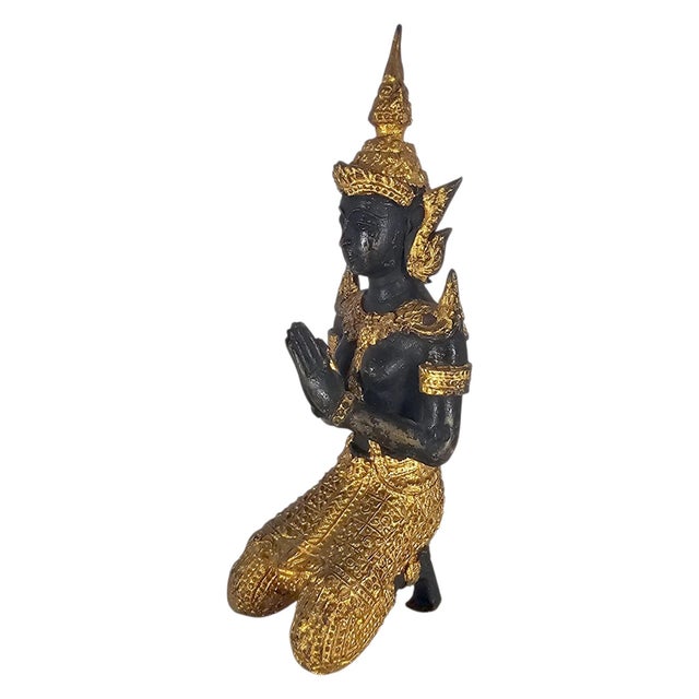 Black Mid-20th Century Thai Thepanom Cast Bronze Kneeling Guardian Figure 7.25" For Sale - Image 8 of 11