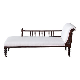 Late 19th Century Edwardian Carved Oak Chaise Longue | Newly Reupholstered in Ivory Linen For Sale