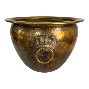 Extra Large Vintage Hong Kong Export Hammered Brass Foo Dog Cachepot Planter