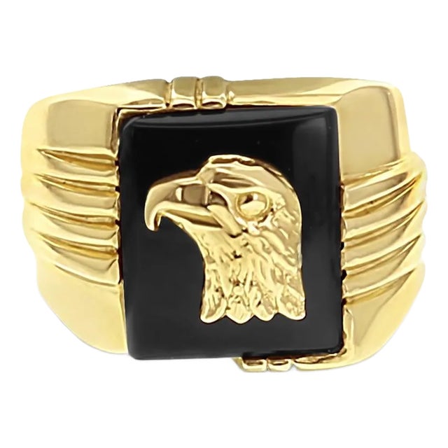 Eagle Head Onyx Gold Ring 14k Yellow Gold, Size 10 For Sale
