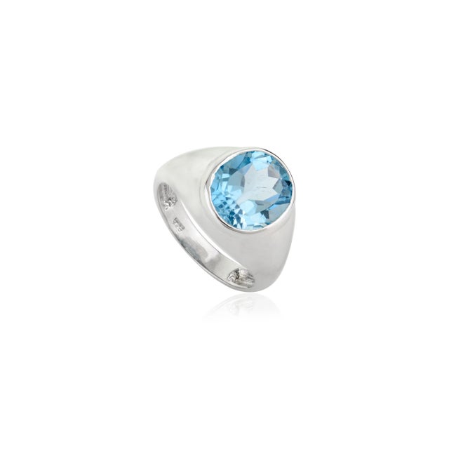 Mid-Century Modern 925 Sterling Silver Signet Ring With Blue Topaz Gemstone Size 8.5 For Sale - Image 3 of 12