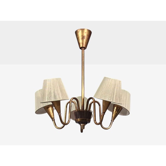 1950s Swedish Modern, Five Arm Chandelier, Patinated Brass For Sale - Image 4 of 13