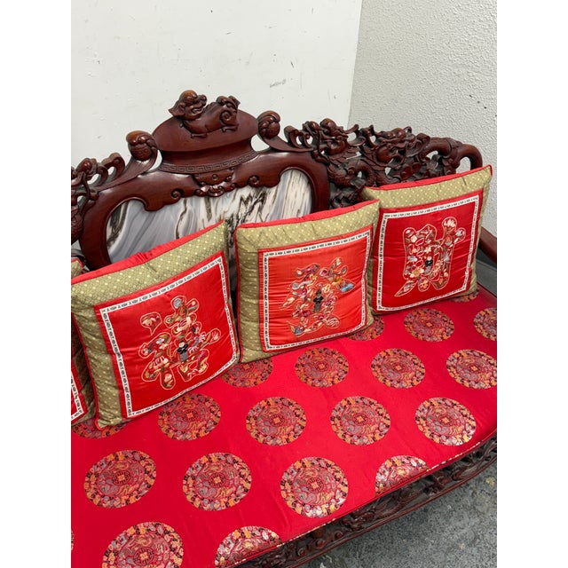 Late 20th Century Vintage Qing Dynasty Carved Rosewood + Marble Sofa For Sale - Image 5 of 12