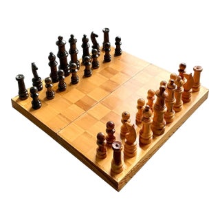 Vintage Boho Monumental Carved Wood Chess Board For Sale