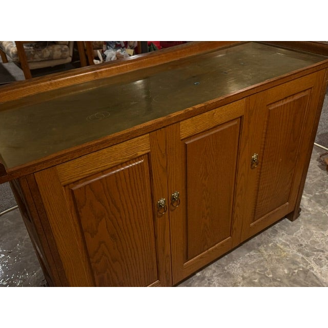 American Pulaski Oak Bar With Brass Top and Foot Rail, Griffin Carvings, Plus Custom Inset Oak Doors, Attributed For Sale - Image 3 of 12