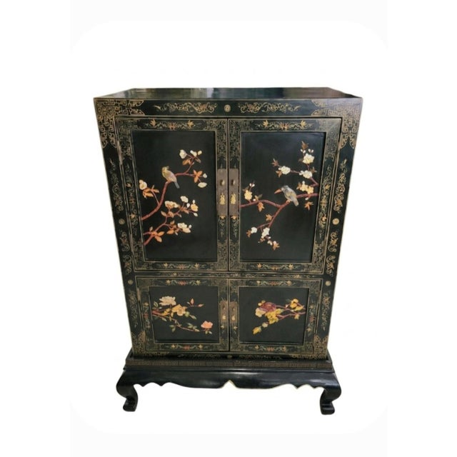Chinoiserie Vintage Chinoiserie Black Lacquered Large 4 Door Soapstone Decorative Storage Cabinet For Sale - Image 3 of 18