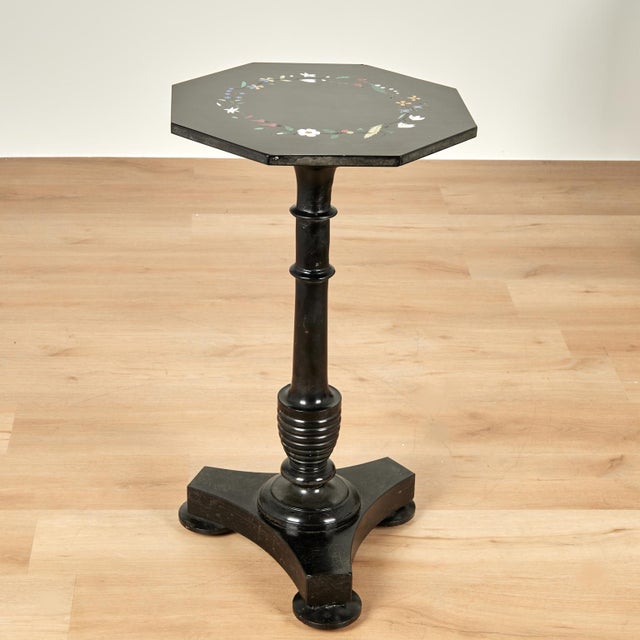 Impressive 19th century Italian pietra dura specimen stand crafted in stone with an octagon top having an inlaid floral...