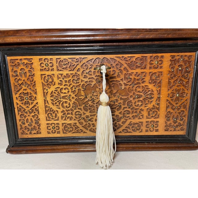 High Quality 1800's Antique Handmade Carved Wood Ornate Brass Jewelry Box Casket For Sale - Image 11 of 16