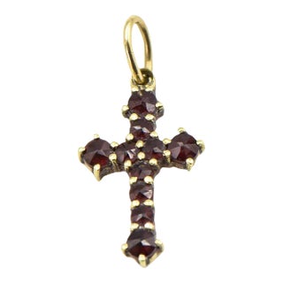 Small Garnet Yellow Gold Cross Pendant For Sale