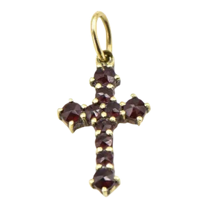 Small Garnet Yellow Gold Cross Pendant