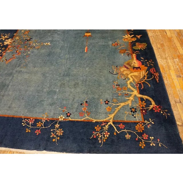 1920s Cornflowers Blue Minimalist Floral Antique Chinese Art Deco Carpet 8' X 9'9" Knotted Wool Rug For Sale - Image 14 of 15