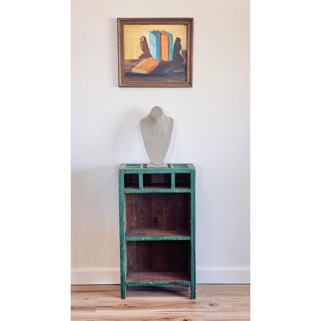 Vintagely Impress with this antique tramp art open étagère, featuring notch-carved pyramid trim applied throughout as...