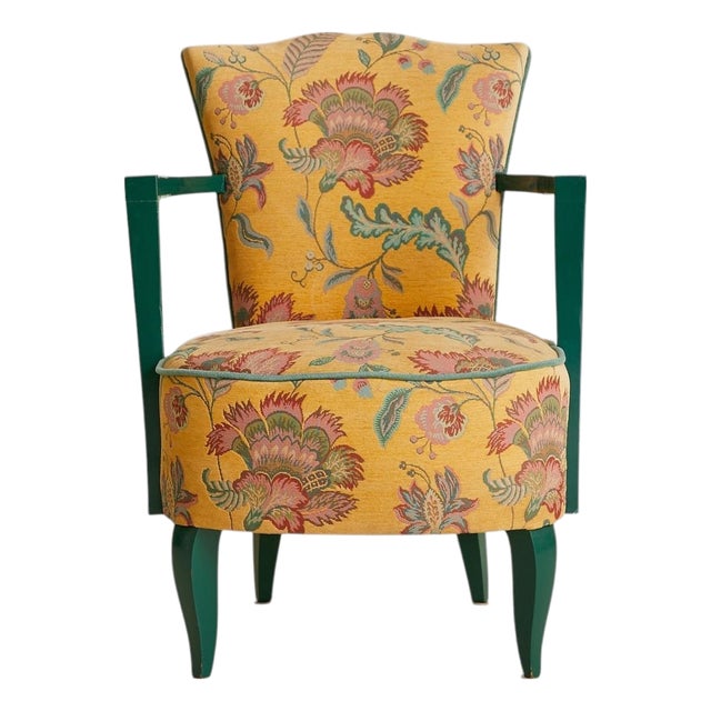 French Floral Armchair with Green Lacquered Frame, 1940s - 2 Available For Sale