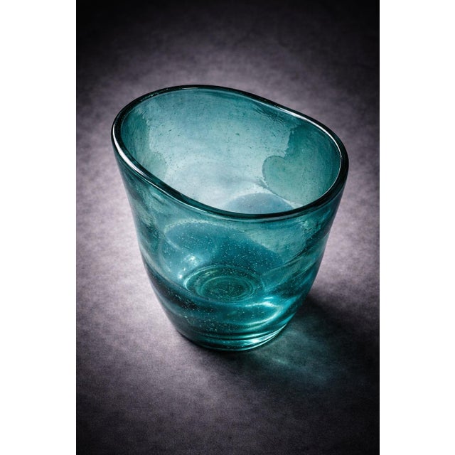 Contemporary Late 20th Century Hand-Blown Blue-Green Art Glass Vase – Organic Wavy Form Aqua Decorative Vessel For Sale - Image 3 of 5