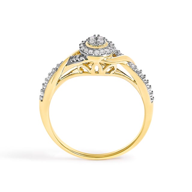 Early 21st Century 10K Yellow Gold 1/10 Cttw Diamond Swirl and Halo Promise Ring (I-J Color, I3 Clarity) - Size 6 For Sale - Image 5 of 7