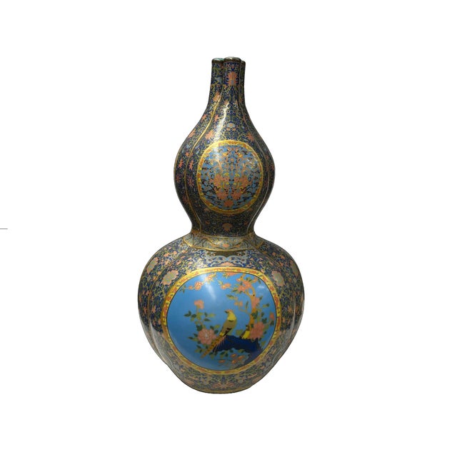 1980s Oriental Purple Blue Gourd Shape Floral Graphic Porcelain Art Vase For Sale - Image 5 of 18