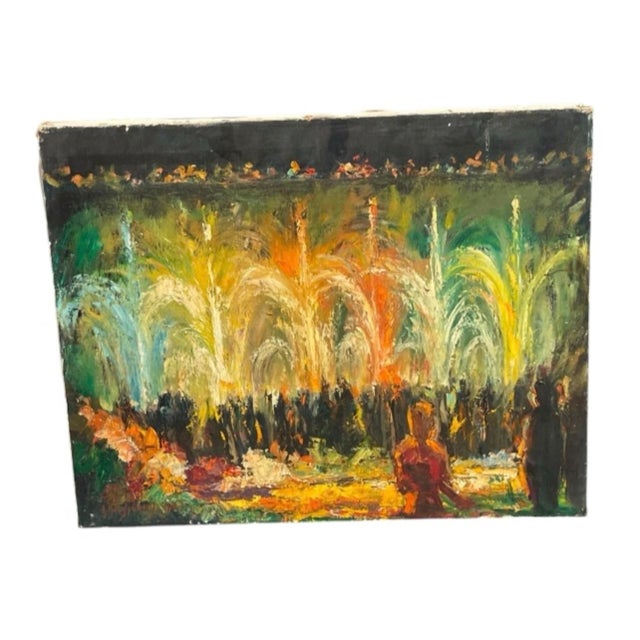 This vintage oil painting captures an expressive nighttime celebration centered around illuminated fountains. Using...