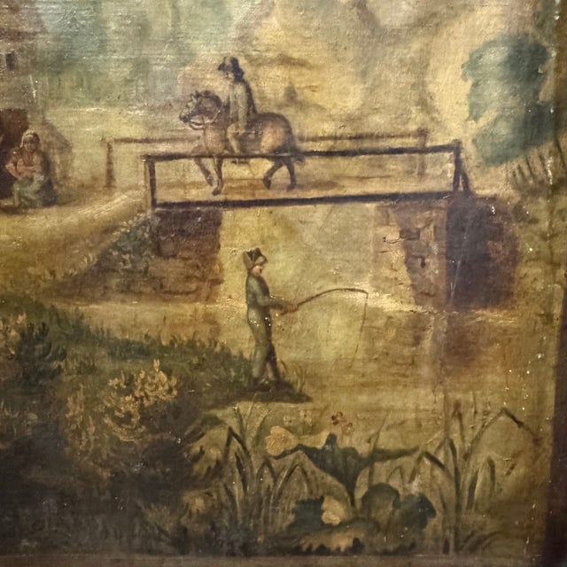 Museum-quality French three-panel painted screen, exquisitely decorated with pastoral landscape scenes depicting people...