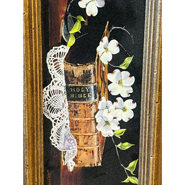 Vintage Harry Jarman Original Trompe L’oeil Still Life Oil Painting of Holy Bible and Dogwoods For Sale In Portland, ME - Image 6 of 9