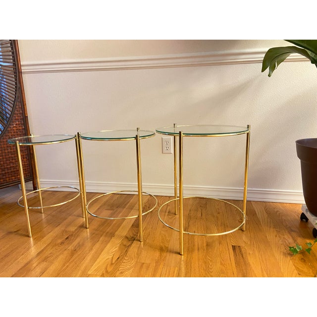 1970s Set of 3 Round Brass & Glass Nesting End Table For Sale In Seattle - Image 6 of 13